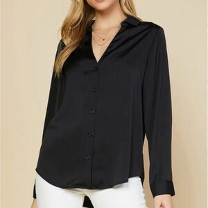 Skies Are Blue Black Button Down Shirt Notched Collar Relaxed Fit
